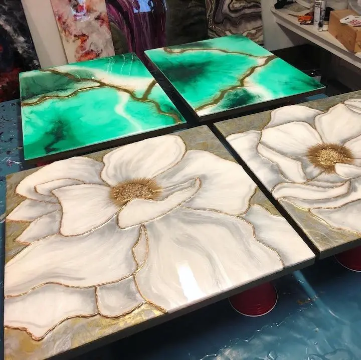 "Green & Gold+ White Poppies" by Katey Meeks. © 2023 Katey Meeks Art Studios. All rights Reserved.